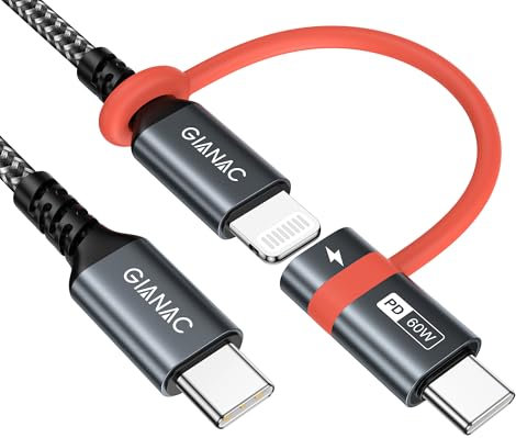 GIANAC Cable USB C a Lightning (2M) & Adaptador de Lightning USB C Carga Rápida Compatible con iPhone 15 14 13 12 11 Pro XS XR X, iPad,MacBook,Galaxy S23/S22 (con Cuerda-Antipérdida)