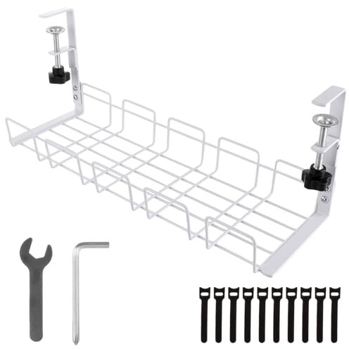 ASelected Under Desk Cable Management Tray, No-Drill Metal Cable Management, 40.5Cm Metal Cord Organizer, Office Cable Mesh Holder For Desks, Offices And Kitchens, White