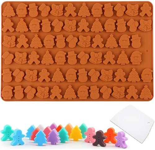 YJDM Weihnachts-Silikonform für Schokolade, 70 Mulden, Mini-Weihnachtsbaum, Schneemann, Weihnachtsmann, Lebkuchenmann, Glocke, Gummibärchen, Süßigkeiten, Backformen für Schokolade, Gelee, Kekse,