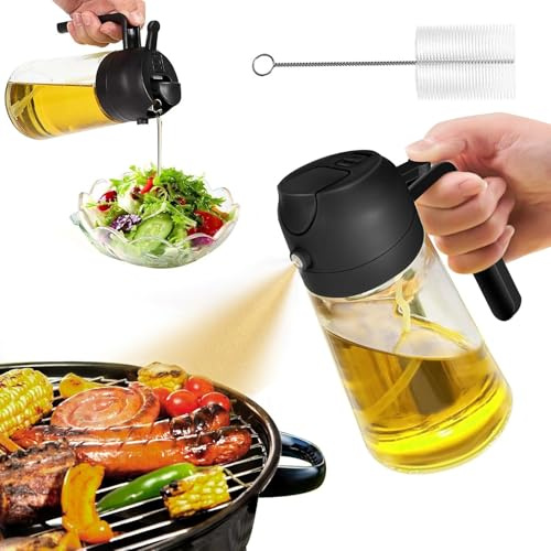 Funklu Spruzzino Olio per Friggitrice Aria 2 in 1, 470ml Spruzzatore Olio in Vetro, Spray Olio Per Friggitrice ad Aria, Erogatore di Olio Della Bottiglia da Cucina per Cucina, Griglia e Insalate