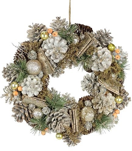 Naturlig krans, kottar med kulor, gran, kottar, pärlor, bär, 32 cm, julkrans, juldekoration adventsdekoration, adventskrans, väggdekoration, dörrsmycken, dörrkrans, kransar, naturmaterial,
