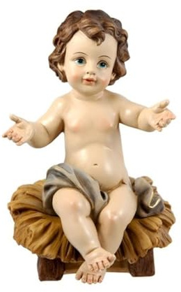 Niño Jesús Nacimiento Navidad figura Belén 23 cm. sentado pesebre paja cuna