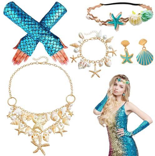 Saier tbo 5 Stücke Damen Meerjungfrau Kostüm Set, Mädchen Unterwasserwelt Kostüm mit Fischschuppen Handschuhe Haarreif Muschelkette Armband Seestern Ohrringe für Fasching Karneval Mottoparty