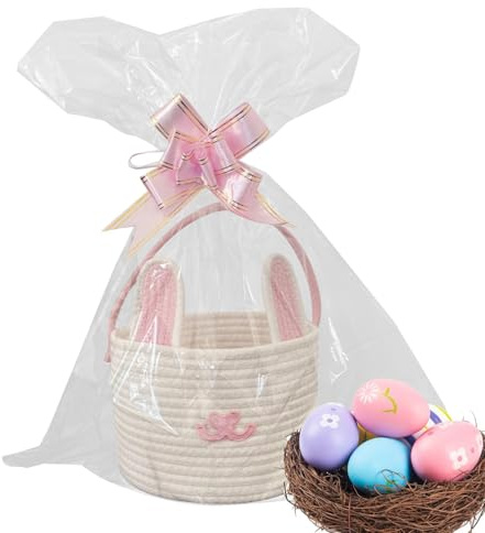 Bunny Ear Easter Basket with Handles, Cute Rabbit Tote for Egg Hunt and Candy Storage, Easter Decoration Basket for Parties, Treats and, Reusable Bunny Candy Bag for Children and Adults