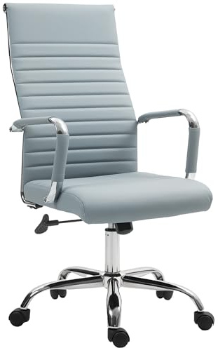 Vinsetto Bürostuhl Ergonomischer Schreibtischstuhl mit Armlehne, Höhenverstellbarer Drehstuhl mit Wippfunktion, Kunstleder, Gepolstert Computerstuhl, Hellgrau