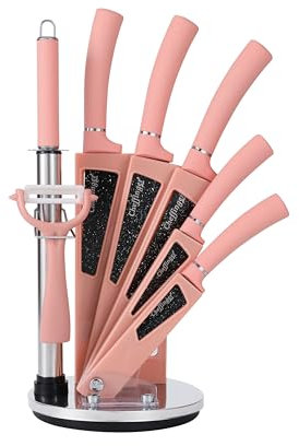 Cheffinger Lot de 8 couteaux avec support, en acier inoxydable, rose, avec couteau de chef de 20,3 cm et fusil à aiguiser