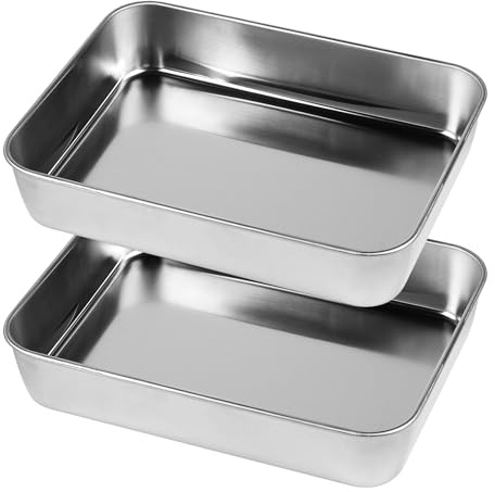 SWAWIS 2 Stück Backblech Klein 23,8x18x4,7cm | 430 Edelstahl Kleine Auflaufform, Rechteckige Ofenschale Kuchenblech zum Backen Braten Kochen, Spülmaschinenfest