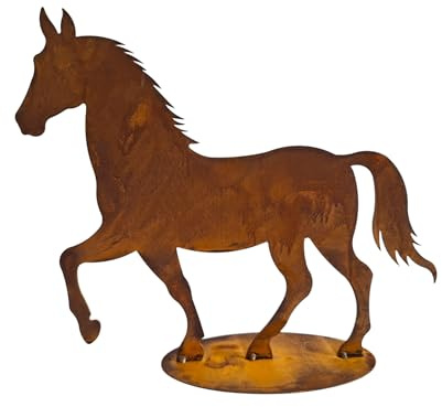 Bornhöft Gartendeko Pferd aus Edelrost, 45 cm Breite x 38 cm Höhe, Standfigur auf Metallplatte 25 x 12 cm, Rostoptik Gartendekoration aus Eisen