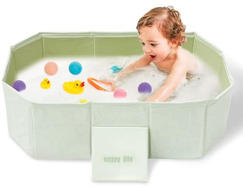 Bañera de bebé plegable, para niños pequeños con 5 bolas, 2 patos, bañera integrada para niños con tornillo de drenaje, bañera de ducha portátil integrada para bebés para niños de 0 a 8 años