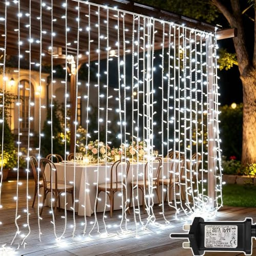 Cozymeow Curtain Lights Indoor, 300 LED 3mx3m Plug in Curtain Fairy Lights, Timer/8 Modes/Waterproof/Connectable, Hanging Fairy Light, Window Wall Bedroom Gazebo Outdoor Decoration, Cool White