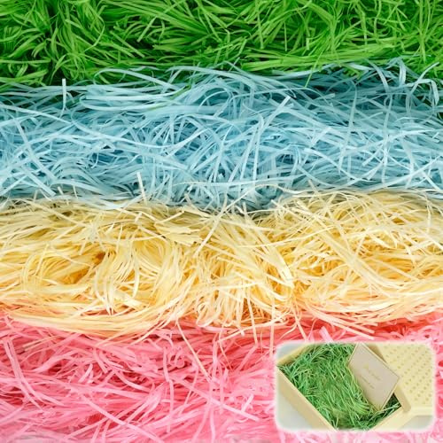 FICOFISE 400 g Fyllningsmaterial gåva: 4 färger strimlat papper, mjukt fyllmaterial för paket med 2 gratulationskort, för presentkorgar presentlådor dekorationer