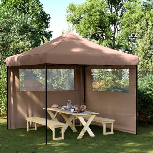 HETFTJN Faltbares Pop-Up Partyzelt 292x292x315 cm Braun mit 2 Seitenwänden aus robustem Oxford-Gewebe und pulverbeschichtetem Stahlgestell für Garten Grillpavillon Gartenpavillon
