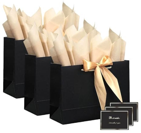 Gift Bags for Presents, 3Pcs Black Gift Bag with 6 Wrappers 3 Cards Paper and 3 Bow Ribbon, Paper Gifts Bags for Wedding, Birthday, Party, Baby Shower, Valentine, Mother's Day