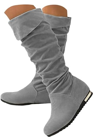 Knähöga stövlar, breda vadmocka slouchy slip-on dragkedja klänning höga stövlar mandeltå tjocka block låga klackar lång stövel ridning motorcykel cowgirl stövel skor höst vinter andningsbara halkfria