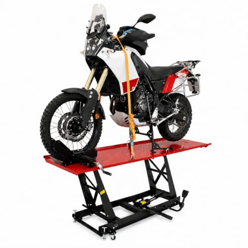 TRUTZHOLM hydraulischer Motorradheber 450 kg Tragkraft Motorradhebebühne | Extra-Breit 68 cm, Hubbereich 20-84 cm, abnehmbare Auffahrrampe, 4 Halteösen, 45° Vorderradklemmung, Parallelheber, Rot