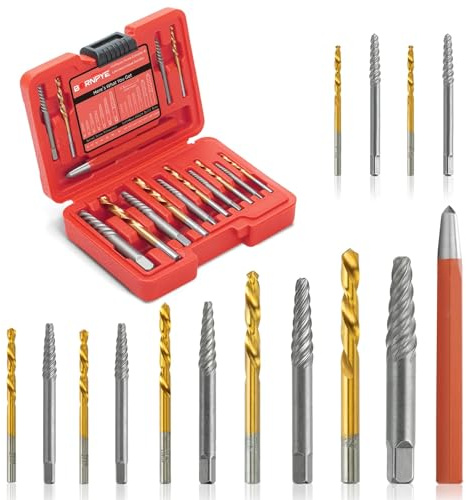 15 Pieces Screw Extractor Kit, 37# Cr-Mo & 6542 Hss Steel Cobalt Left Hand Drill Bits Set for Removing Broken Bolt and Rounded Nut, Ez Out Stripped Screw Set with Center Punch