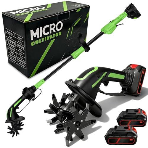 Motobineuse sans Fil, Mini motoculteur électrique avec 2 Batteries, Largeur et Profondeur de Travail de 10 cm pour la Culture du Sol, pelouses et Jardinage 2-Cell Battery, no Rod