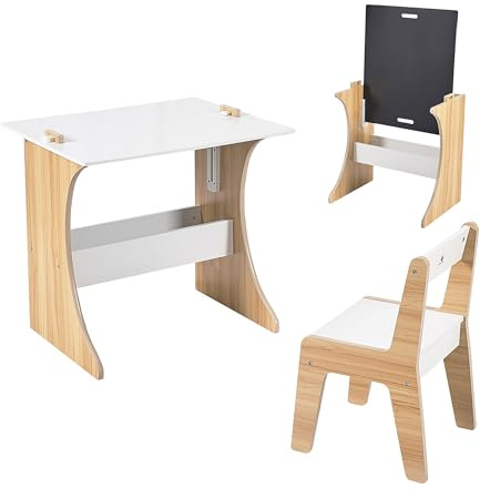 Relaxdays 2-delat set med bord- och stolset för barn med svarta tavlan, konstbord, 56 x 60 x 50 cm, vit/naturlig