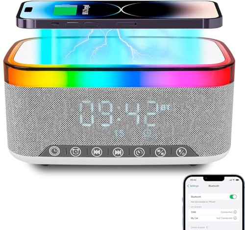 Facarler Lampada di ricarica senza fili, Sveglia con caricatore a induzione, Altoparlante Bluetooth con illuminazione d'atmosfera sincronizzata con la musica, Sveglia digitale, per camera da letto