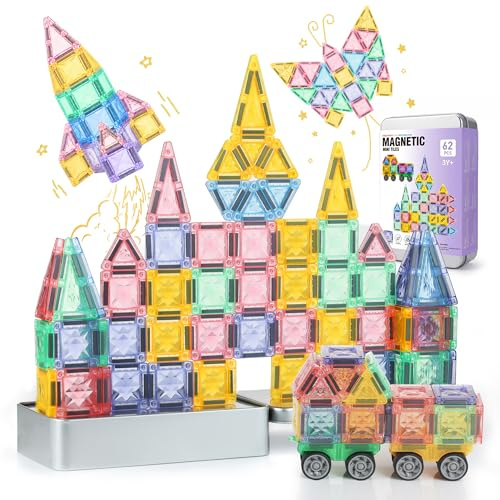 GAGAKU Mini Magnetische Bausteine Reisespielzeug 62 Teiles Magnetbausteine Resiseset Kinderspielzeug Magnetische Fliesen für ab 3 4 5 6+ Jahre Junge Mädchen Magnetische Sensorische Spielzeug