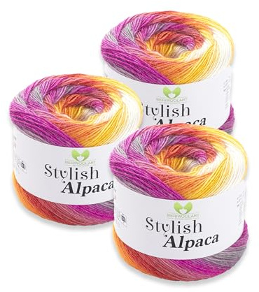 MeriWoolArt Stylish Alpaca Garn 3er Set – 3x150g (1575m) DK Alpaka Garn zum Stricken & Häkeln – Ideal für Pullover, Schals, Tücher, Babykleidung – weich, multicolor Farbverlauf 7719