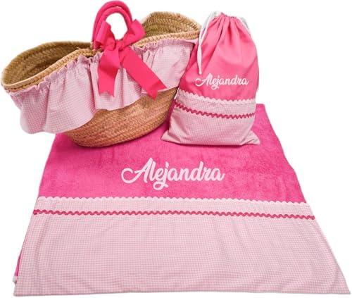 Capazo Mimbre, Toalla de Playa, Bolsa bañadores Personalizado para niña - Conjunto piscina infantil con nombre - 3 piezas (Fucsia/Rosa)