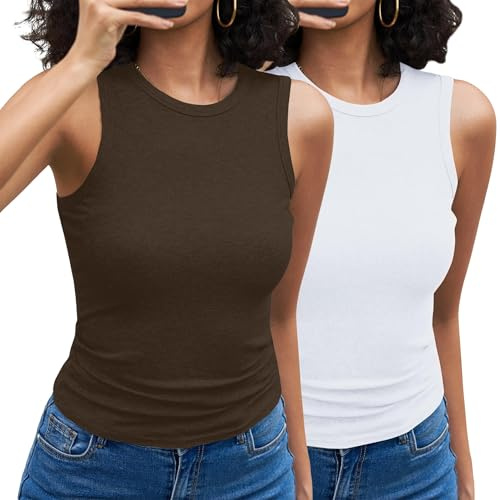 Aottori Pack 2 Camiseta de Tirantes Mujer Acanalado Elástico Cuello Redondo