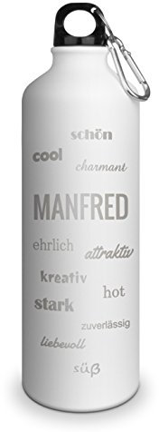 Trinkflasche mit Namen Manfred - graviert mit Positive Eigenschaften, Aluminiumflasche mit Gravur, Sportflasche - matt weiß
