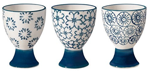 Bloomingville Portauovo Kristina - con Motivo in gres colorato Ø 5 x H 7 cm, Blu, Ceramica Gres, Set da 3