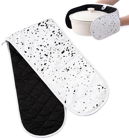 Premier Housewares Hygge Black and White Double Oven Glove | 100% Cotton Heat Resistant Quilted Kitchen Gloves with Splatter Effect Design for Safe Everyday Cooking Use Set
