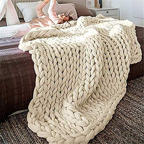 Gestrickte Decke Grob Kuscheldecke Grobstrick Wolldecke Strickdecke Tagesdecke Überwurf Decke Zuhause Dekor Geschenk (Beige,80x100cm)