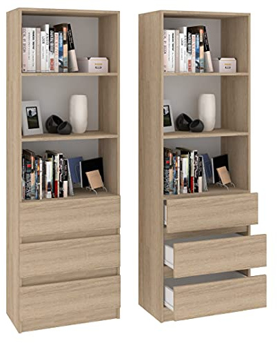 Framire B-3 Büro Bücherregal in Sonoma Eiche, 3 Regale, 2 Schubladen, Bücherregal für Wohnzimmer, Schlafzimmer, Studio, Büro 180 x 60 x 33 cm