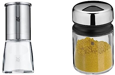 WMF De Luxe Salz und Pfeffermühle 14 cm, unbefüllt & Depot Universalstreuer 100ml, mit Aromadeckel, Gewürzglas grobes Streubild, Glas, Cromargan Edelstahl, spülmaschinengeeignet