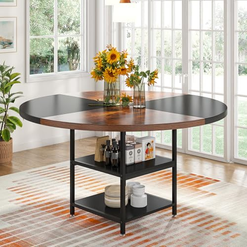 Tribesigns Runder Esstisch für 4 Personen, 120 x 120 x 75 cm, Industrie-Stil, Holzküchentisch Großer Esstisch mit Regal für Home Esszimmer Wohnzimmer, Braun/Schwarz