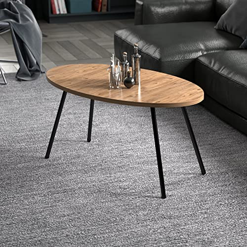 [en.casa] Mesa de Centro Ovalada para Sala Mesa Auxiliar Baja Estable Aglomerado Metal 43 x 90 x 50 cm - Efecto Madera y Negro