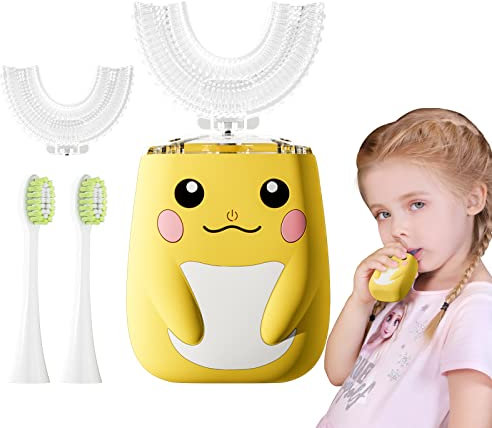 Kids U Shaped Electric Toothbrush with 4 Brush Head,Cartoon Design Auto Sonic Toothbrush for Children 2-7 Year, 360° Full Mouth Cleaning Toddler Power Toothbrushes
