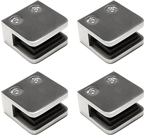 PRIOstahl Glashalter 4 Stück Glasklemmen Klemmhalter Glasplattenhalter Eckig 45 x 45 x 26 mm Anschluss: Flach für Glas 8,76 mm Geländer Handlauf Balkon aus Edelstahl V2A