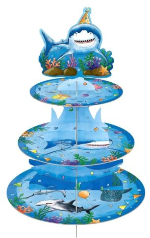WERNNSAI Hai Tortenständer Hai Geburtstag Party Dekorationen für Jungen Kinder 3-Stöckiger Papp Kuchenständer Dessertturm Rundung Serviertablett Stand Dusche Cupcake Ständer