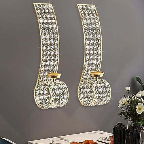 Gold Crystal Wall Candle Sconces Metal Tea Light Candle Holder for Wall Bead Candle Centerpiece Décor for Wedding Party, Set of 2