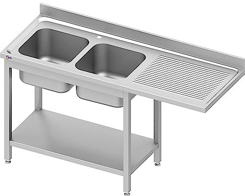 Cleiton® Fregadero de Acero Inoxidable 2 Senos para Lavavajillas con Escurridor a la Izquierda 1600x700x900 mm Desmontable | Pica Industrial con patas