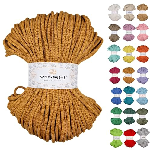 Sznurkomania, Geflochtene Baumwollkordel 5mm 100m, 46 Farben, Häkelkordel, Makramee Kordel, Makramee Garn, Premium Garn, Makramee Seil, (Senf)