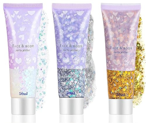 Ceboic 3 Stück Glitter Body Gel, Make Up Glitzer Gesicht Körperglitzer Pailletten Chunky Body Lotion Glitzer Flüssiger Lidschatten für Gesicht Nägel Augen Lippen Haare Körper (Weiß & Gold & Silber)