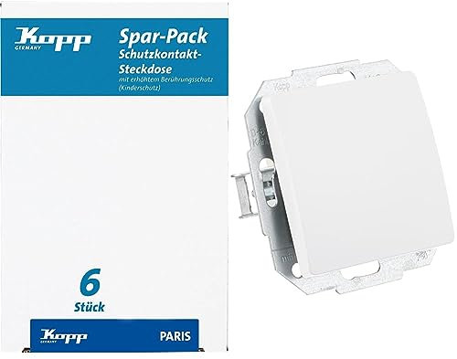 Kopp Paris Spar-Pack: 6 Schutzkontakt-Steckdosen mit Berührungsschutz & 650602089 Paris Universalschalter, arktis, Weiß