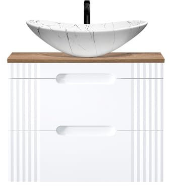 Lomadox Badmöbel Waschtischunterschrank 80cm weiß, Waschtischplatte Eiche Nb., Aufsatzwaschbecken weiß, B/H/T ca. 80,4/79/46 cm