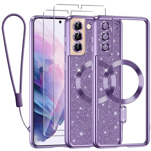 Kokio Handykette für Samsung Galaxy S21 Hülle mit Band, [Kompatibel mit MagSafe] Glitzer Magnetisch Handyhülle für Samsung S21 mit 2 Stück Schutzfolie Stoßfeste Silikon TPU Schutzhülle, Lila