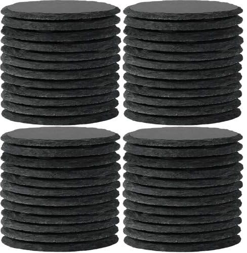WEWINK PLUS Lot de 48 dessous de verre ronds en ardoise pour boissons, 10,2 cm, vierges en pierre noire avec envers anti-rayures pour gravure laser, décoration d'intérieur, bar, mariage, cadeaux de