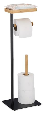 Relaxdays Porte-Rouleaux avec étagère, Support Non Fixe, serviteur Fer & Bambou, Noir - Nature