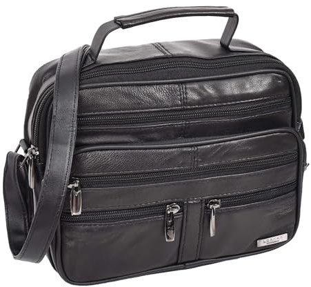 A1 FASHION GOODS Borsa messenger da uomo, in morbida pelle, con tasche con cerniera, manico superiore, borsa da volo, Nero , Medium