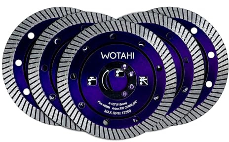 WOTAHI 5-Piece Turbo Diamond Saw Cutting Blades, 4-1/2 inch (115 mm) | 7/8 Arbor with 20MM-5/8 Adapter for Angle Grinder, Dry/Wet Cutting for Concrete, Brick, Stone, Marble, Porcelain, Granite