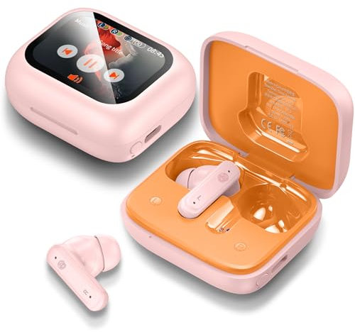 THREE PEACHES Écouteurs Bluetooth, intra-auriculaires, sans fil, Bluetooth 5.4, avec micro à réduction du bruit ENC, avec écran tactile pour iPhone et Android, rose